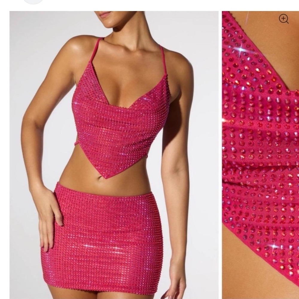 Oh Polly Rhinestone Two Piece Women 6/8 Pink Cowl Neck Top Mini Skirt Sparkle